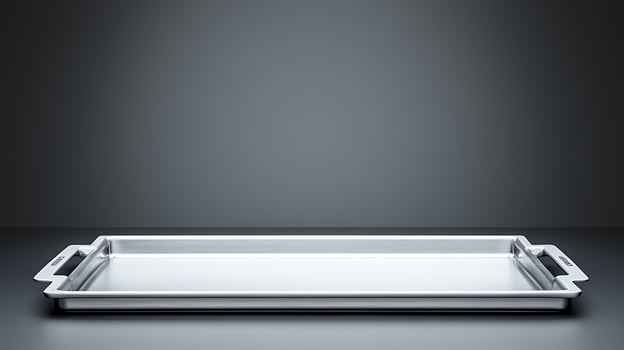 Sleek stainless steel tray on a minimalist gray background, ideal for culinary presentations photo