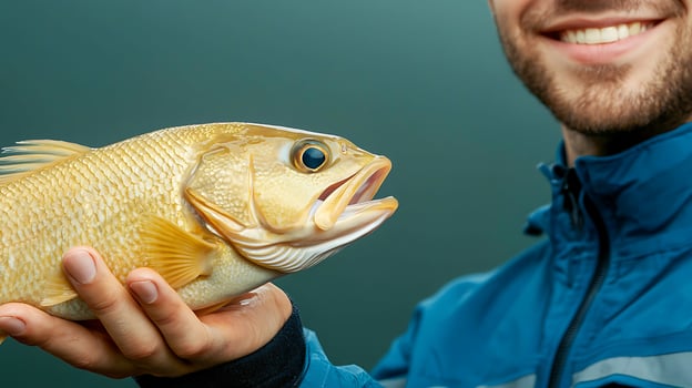 Smiling angler proudly holds a golden fish against a serene green background photo