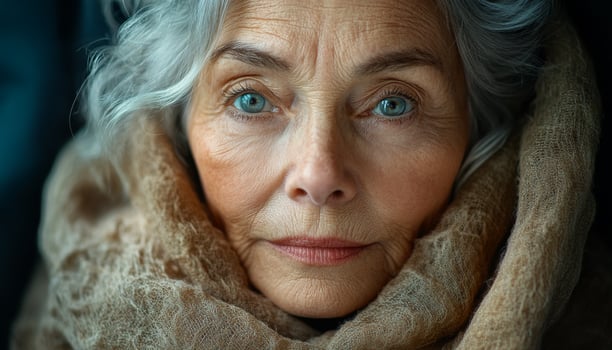 A woman with blue eyes and grey hair is wearing a brown scarf. She has a serious expression on her face photo