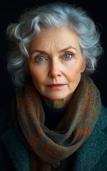 A woman with a scarf on her head and a blue eye shadow. She has a serious look on her face photo