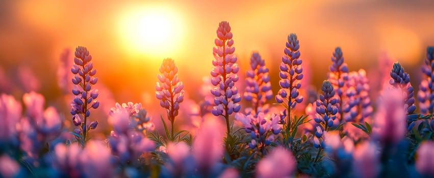 A field of purple flowers with a sun in the background. photo