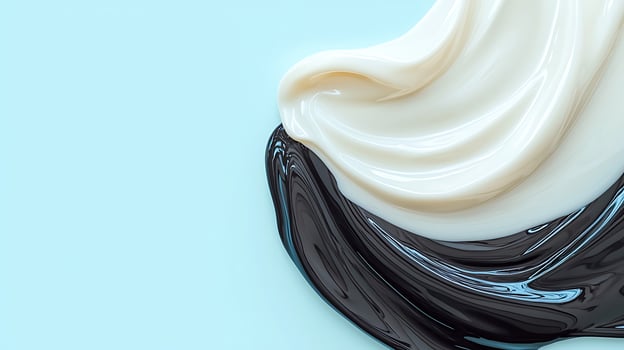 Smooth swirls of black and white cream against a light blue background, ideal for culinary designs photo