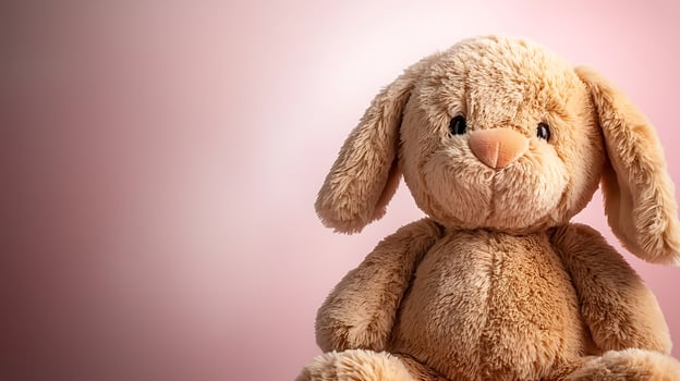 Soft plush bunny toy sitting against a pink gradient background, evoking warmth and comfort photo