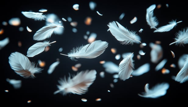 A flock of white feathers floating in the air, creating a sense of freedom and lightness. The feathers are scattered all over the scene, with some falling close to the ground photo