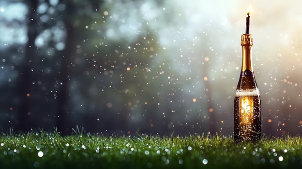 Sparkling champagne bottle with a lit candle on grass, surrounded by a misty forest backdrop photo