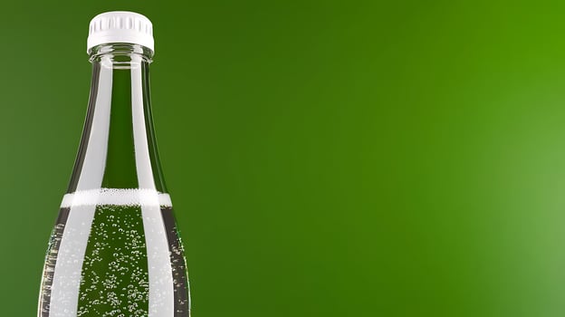 Sparkling water bottle on a vibrant green background with bubbles and no distractions photo