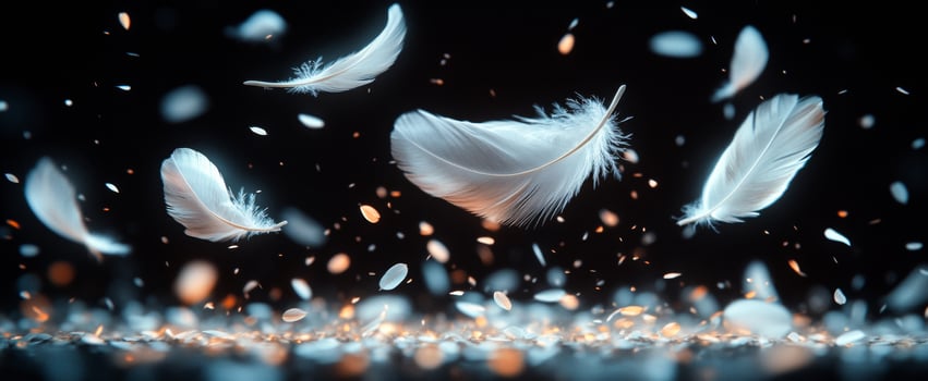 A black background with a large number of white feathers scattered throughout. The feathers are in various sizes and are flying in different directions, creating a sense of movement and chaos photo