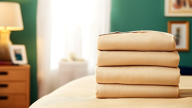 Stack of neatly folded beige linens on a bed in a cozy, well-lit bedroom with soft decor photo