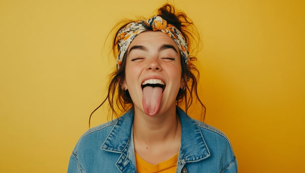 A playful young woman sticking out her tongue against a yellow background. photo