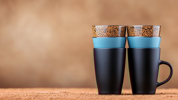 Stacked Colorful Mugs on a Rustic Surface with a Blurred Warm Background photo