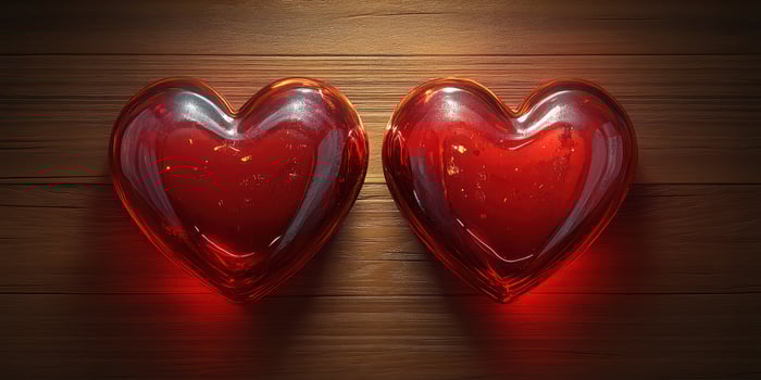 Two red glass hearts placed on a wooden surface, representing love and affection during a romantic occasion photo