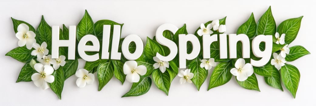 Greeting the arrival of spring with vibrant leaves and delicate white flowers decorating cheerful letters photo