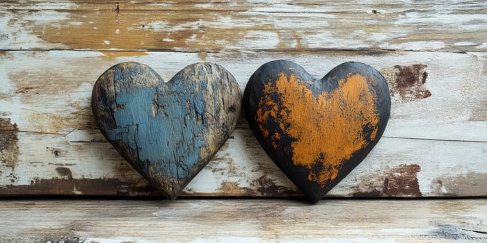 Wooden hearts in blue and orange hues against a weathered wooden background create a rustic and charming display photo