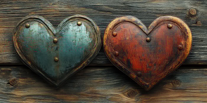 Decorative metal hearts in blue and red colors displayed on weathered wooden background photo