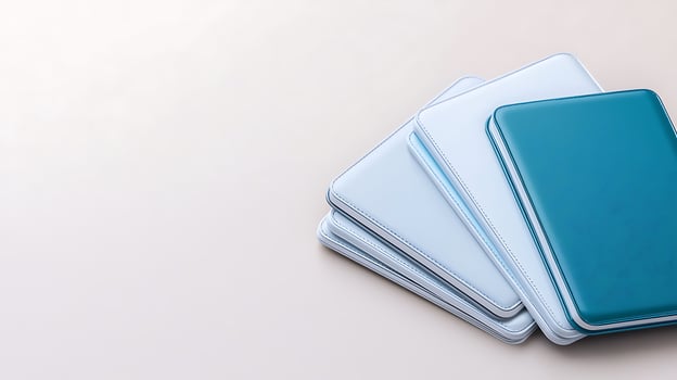 Stacked modern storage containers in varying shades of blue and white on a soft background photo