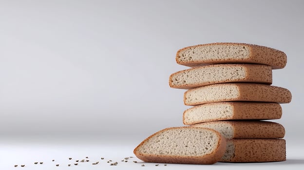 Stacked slices of bread on a clean surface with scattered seeds, ideal for food-related content photo