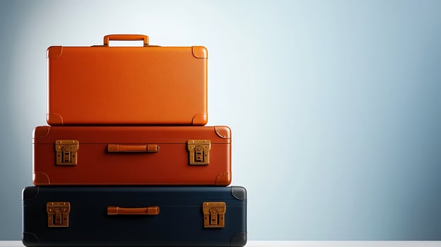 Stacked vintage suitcases in vibrant colors against a minimalist background, suggesting travel photo