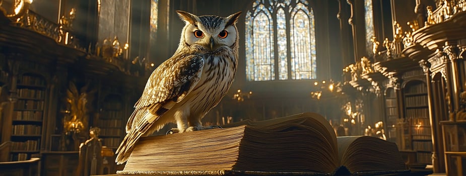 An owl perched on a large book in a grand library setting. photo