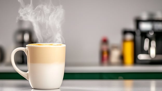 Steaming coffee cup on a kitchen counter with blurred appliances in the background photo