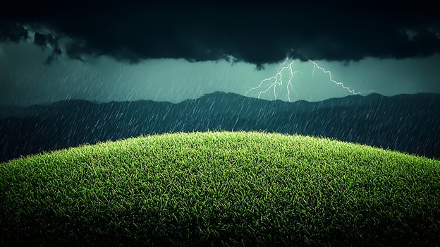 Stormy landscape with dark clouds and lightning over a grassy hill during rainfall photo