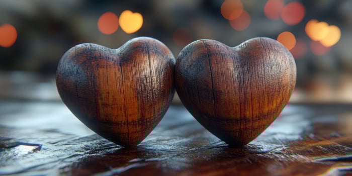Wooden hearts symbolize love and connection on a warm, inviting surface during a cozy evening gathering photo