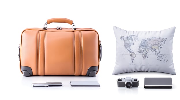 Stylish brown travel bag with accessories including a camera and world map pillow on a white background photo