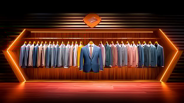 Stylish display of tailored suits in a modern boutique with warm lighting and elegant decor photo