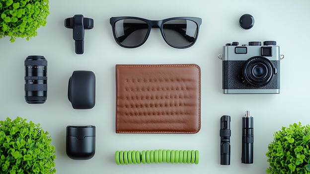 Stylish flat lay of photography gear and accessories arranged neatly on a light surface photo