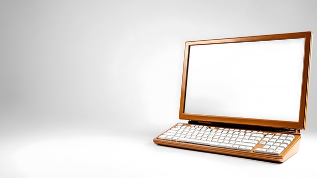Stylish wooden laptop on a minimalist desk with an empty screen and soft lighting photo