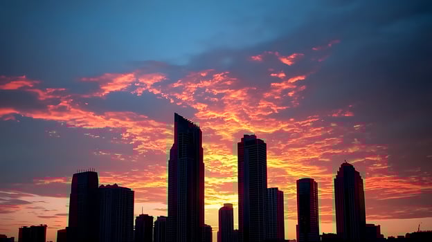 Sunset skyline view with silhouetted skyscrapers against vibrant orange and blue clouds photo