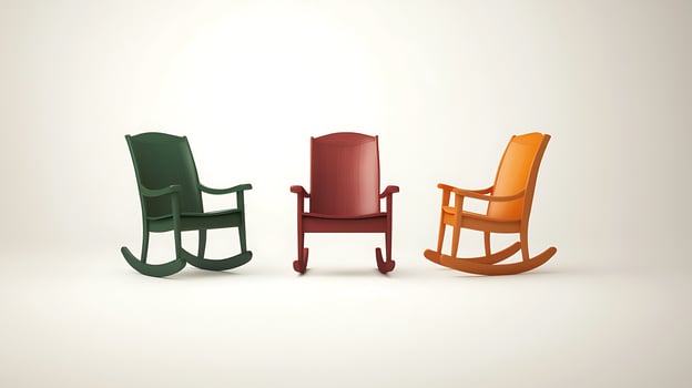 Three colorful rocking chairs arranged symmetrically in a minimalist setting, showcasing vibrant design photo