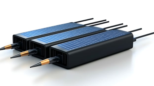 Three solar-powered devices with pointed ends, placed on a clean surface, showcasing technology photo