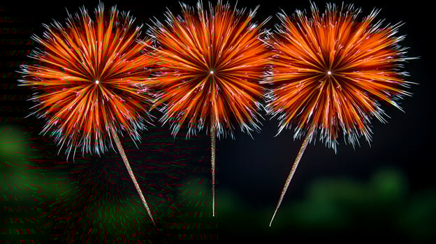 Three vibrant orange fireworks burst in the night sky, illuminating a dark background with greenery photo
