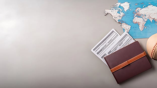 Travel essentials on a desk with a world map, tickets, and a baseball, suggesting adventure photo