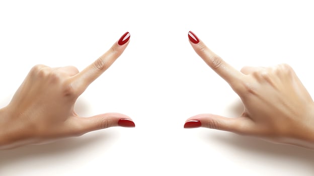 Two elegantly manicured hands with red nails forming a frame against a white background photo