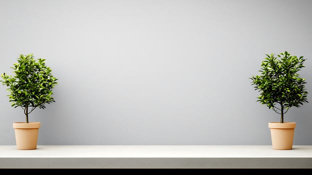 Two potted plants on a minimalist shelf against a plain gray wall, creating a serene atmosphere photo