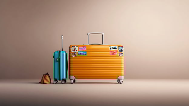Two stylish suitcases, one orange and one turquoise, placed on a neutral backdrop, ready for travel photo