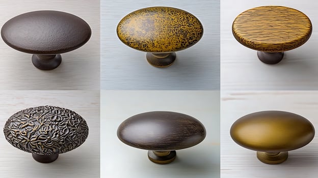 Various decorative cabinet knobs showcasing unique textures and colors on a light background photo