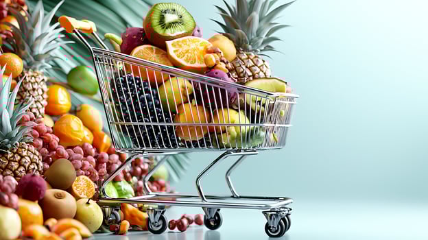 Vibrant assortment of fresh fruits in a shopping cart against a soft pastel background photo
