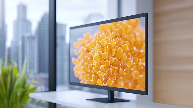 Vibrant close-up of yellow flower petals displayed on a modern monitor in a city office setting photo
