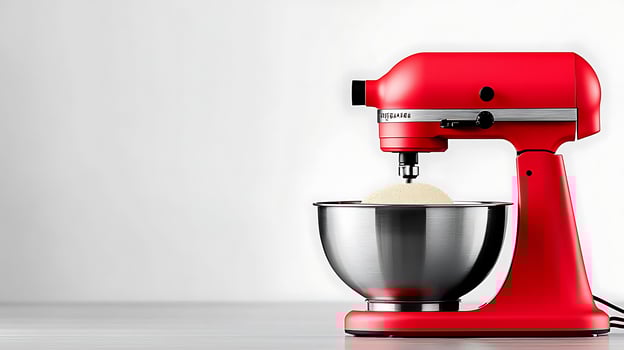 Vibrant red kitchen mixer with stainless steel bowl, preparing dough against a minimalist backdrop photo