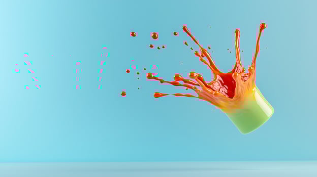 Vibrant splash of orange paint from a green cup against a light blue background photo