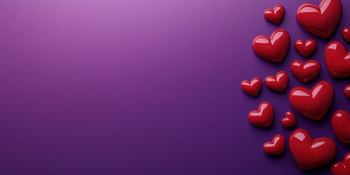 Heart decorations in various sizes on a vibrant purple background for celebration or romantic themes photo