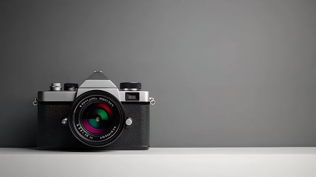 Vintage camera resting on a minimalistic surface against a gray background, showcasing elegance photo
