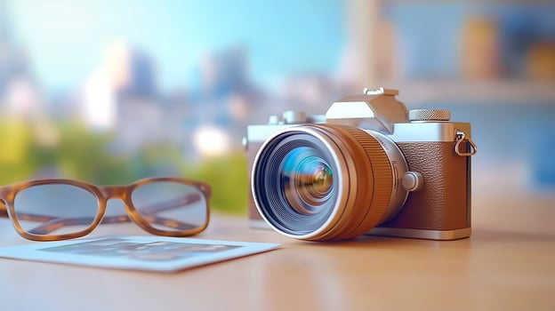 Vintage camera with glasses and photo on a wooden table, sunny background with blurred cityscape