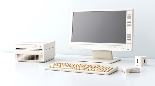 Vintage computer setup featuring a monitor, keyboard, and CPU on a clean desk with minimal decor photo