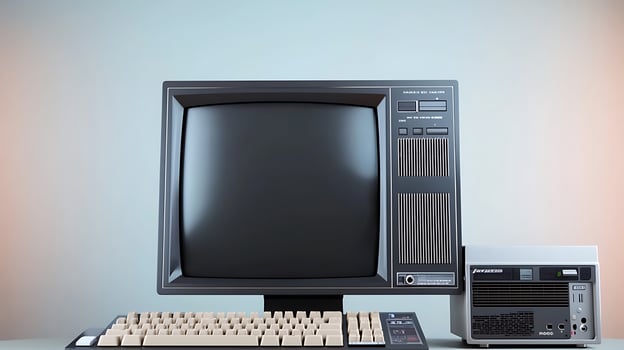 Vintage computer setup featuring a monitor and a desktop unit against a minimalist background photo