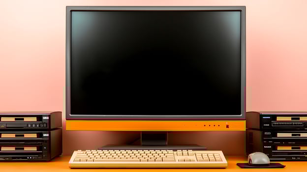 Vintage computer setup featuring a monitor, keyboard, and storage devices against a pastel background photo
