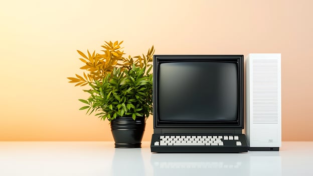 Vintage computer setup with potted plant against a soft orange background, showcasing retro technology photo