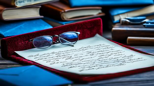 Vintage glasses resting on a handwritten letter surrounded by old books and writing tools photo